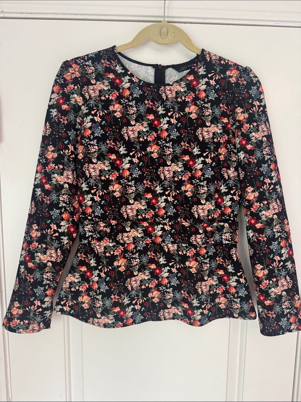 Zara Black Floral Peplum Blouse with Pink & Red Blooms